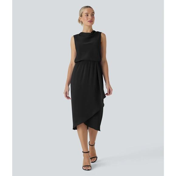 Halara Midi Dress Medium Cowl Neck Sleeveless Crossover Wrinkle Resistant Black - Picture 12 of 12